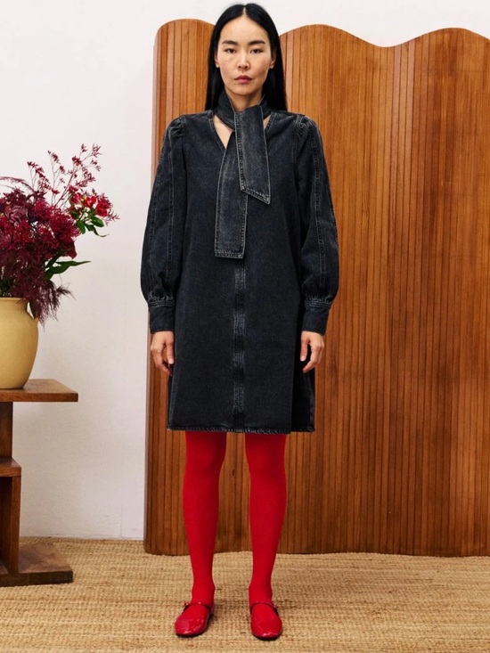 FRNCH Dresses & Skirts - Black Denim Long sleeve Tie-Neck Dress - NWT